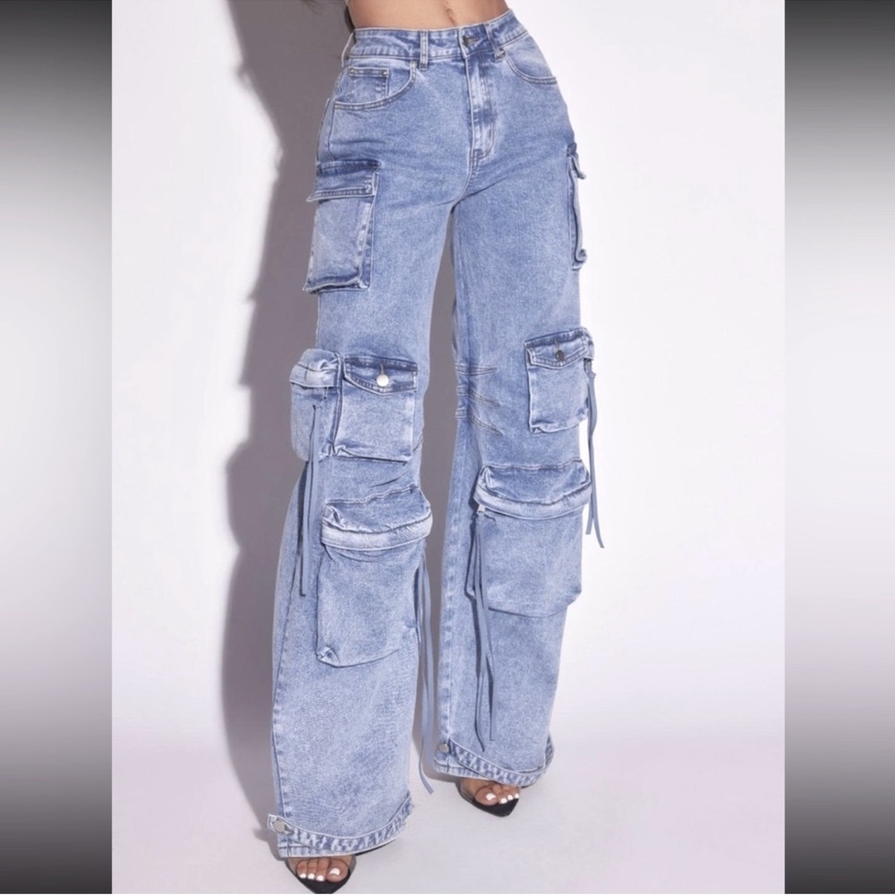 denim Blue Cargo bottom strap Jeans